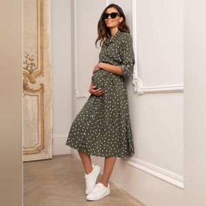 Seraphine Khaki Olive Green Polka Dot Meternity Nursing Shirt Dress Tie 10